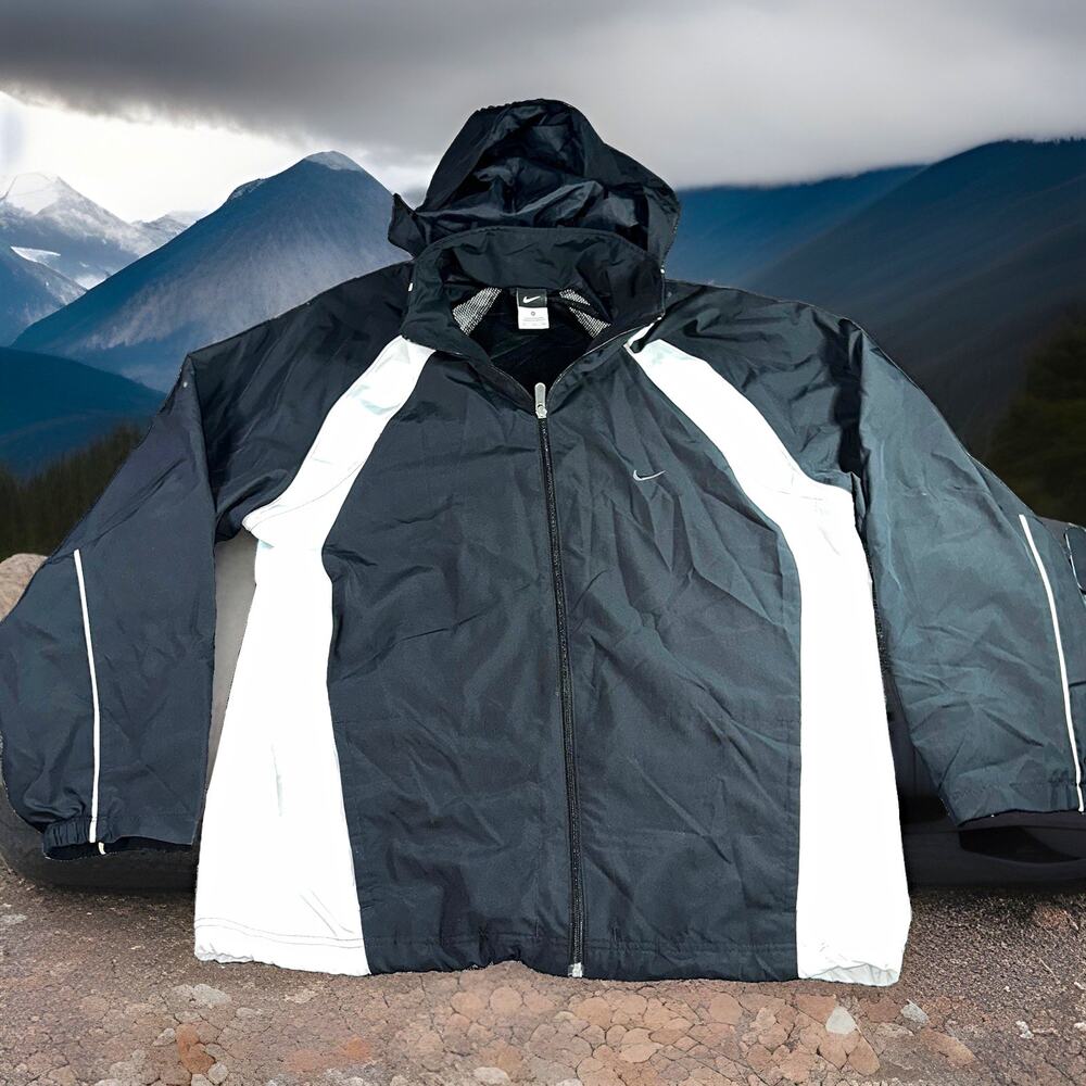 Vintage 00s Nike Clima FIT Windbreaker Jacket Black White Hideaway Hood Men's XL